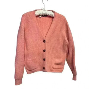 4SI3NNA Salmon Coral Pink Cardigan with Brown Buttons aDouble Pocket Detail, S